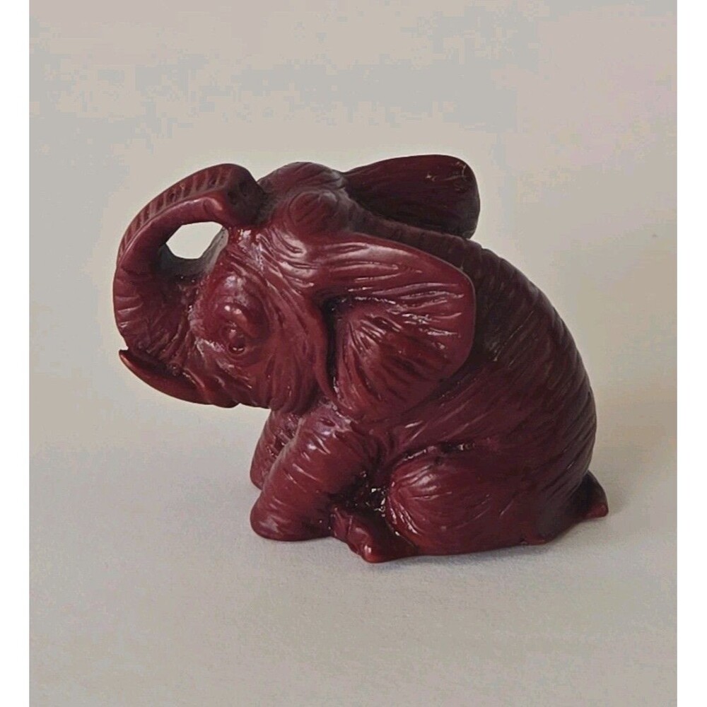 Vintage Carved Red Resin Chinese Feng Shui Elephant Trunk Up Figurine 1.75"